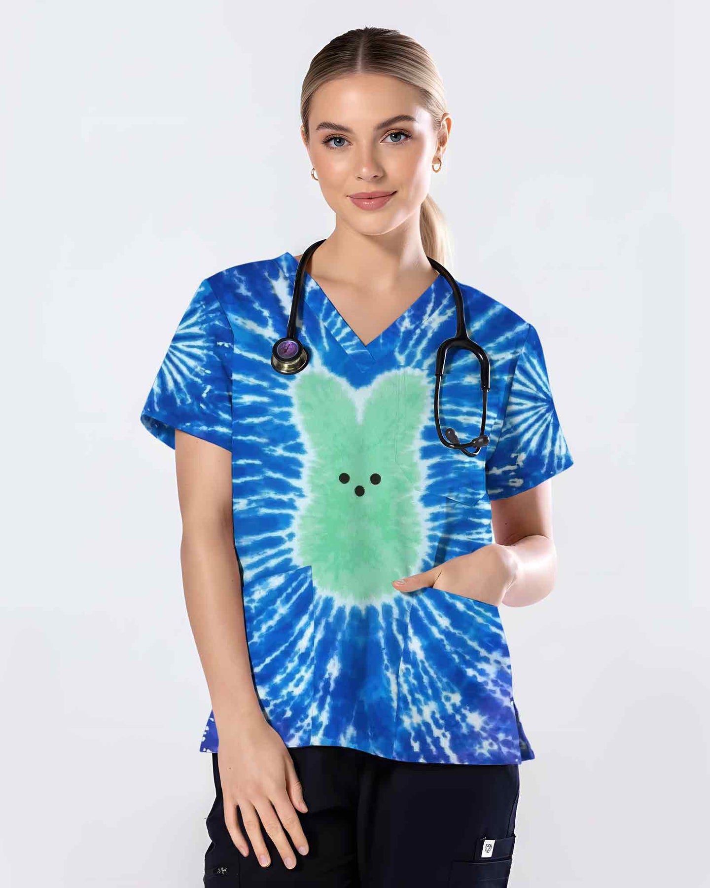 Cute Tie Dye Bunny Scrub Top - Scrubloop
