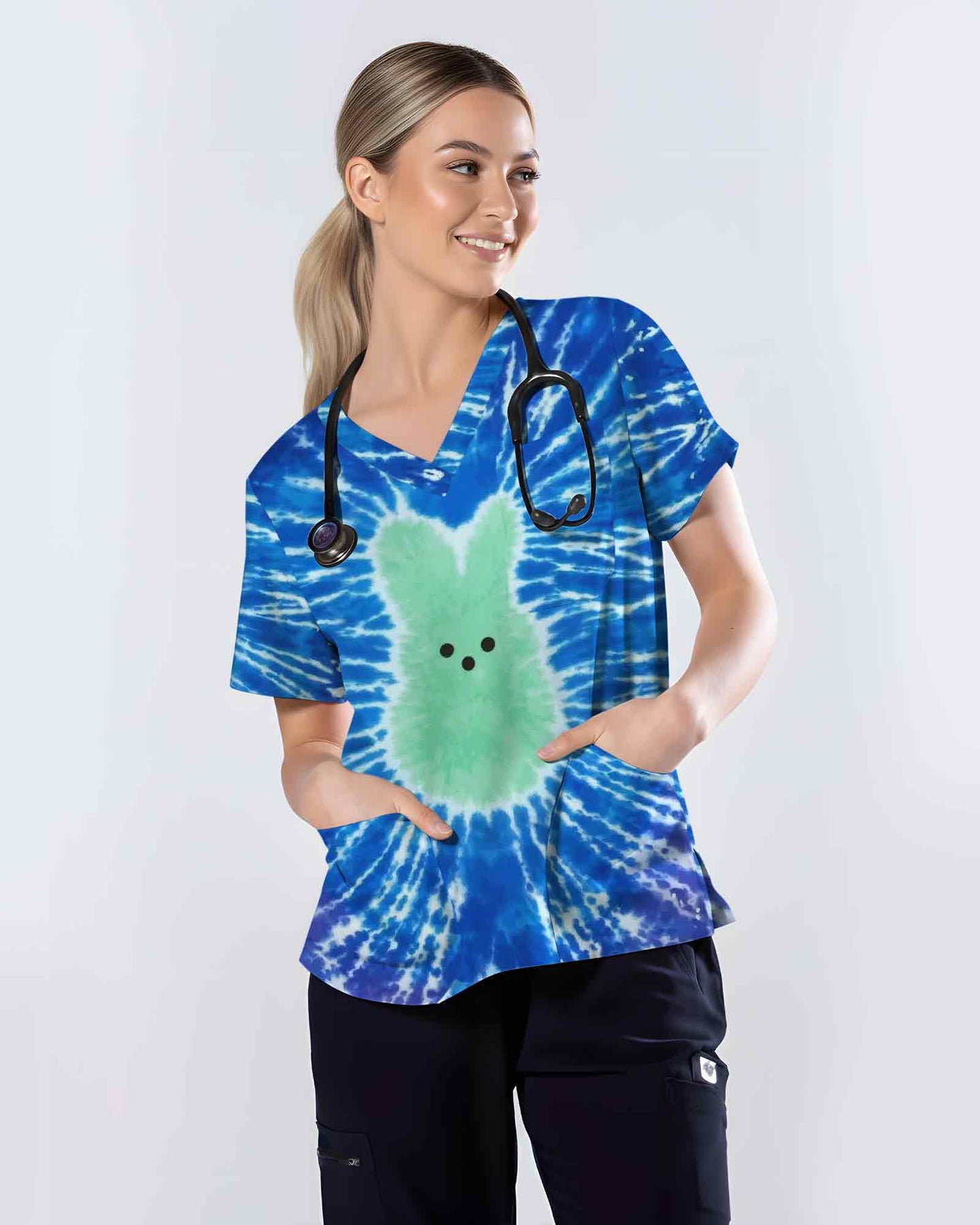 Cute Tie Dye Bunny Scrub Top - Scrubloop