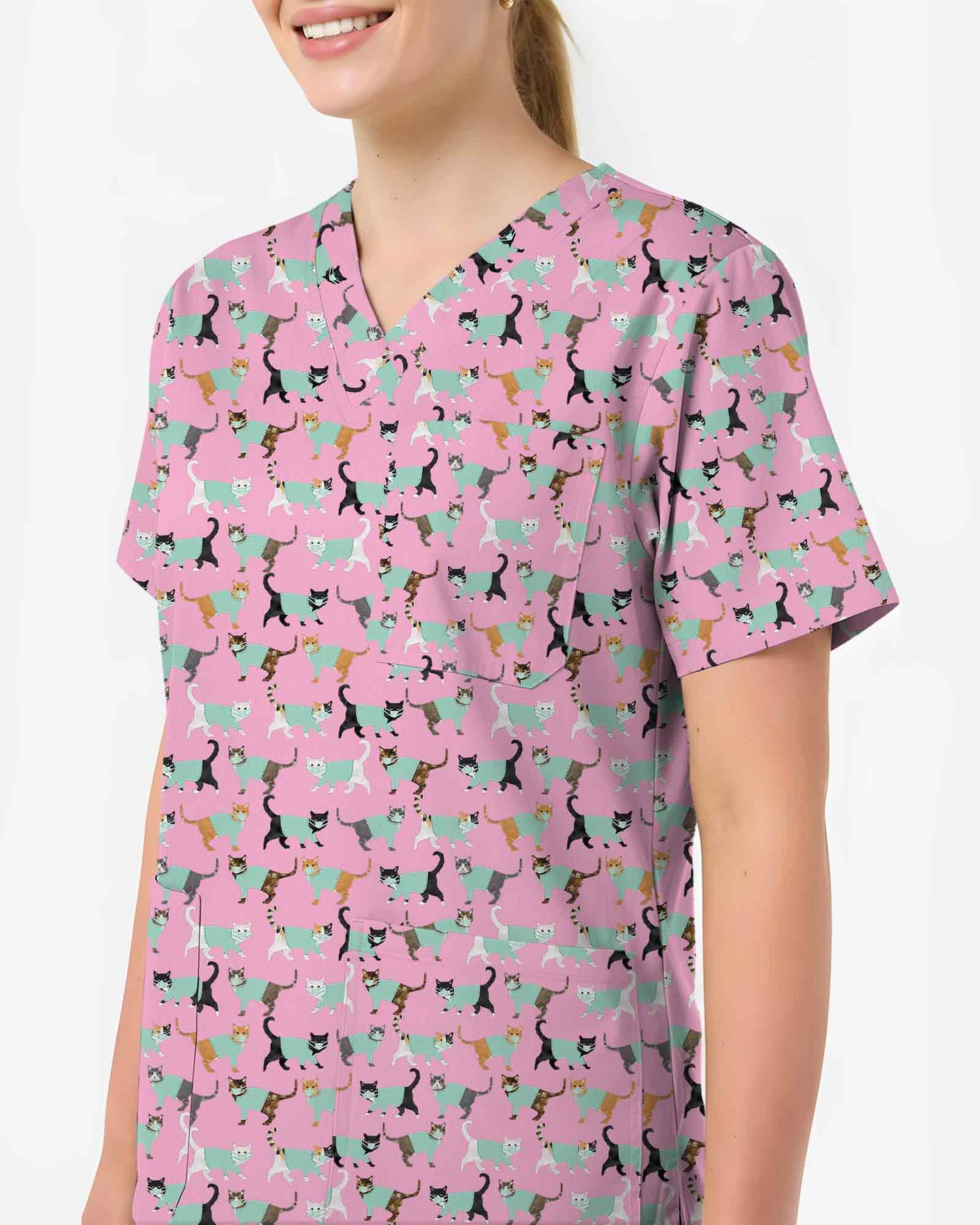 Cute Veterinary Face Mask Cat Nursing Scrub Top - Scrubloop