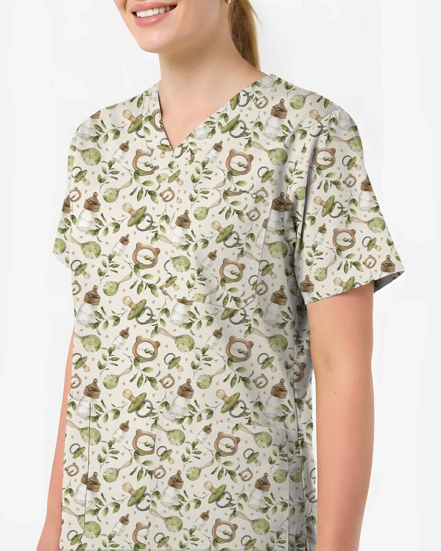 Cute Watercolor Baby Essentials Pediatric Scrub Top - Scrubloop