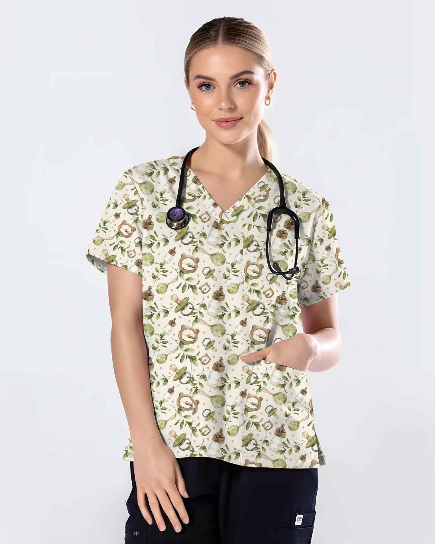 Cute Watercolor Baby Essentials Pediatric Scrub Top - Scrubloop