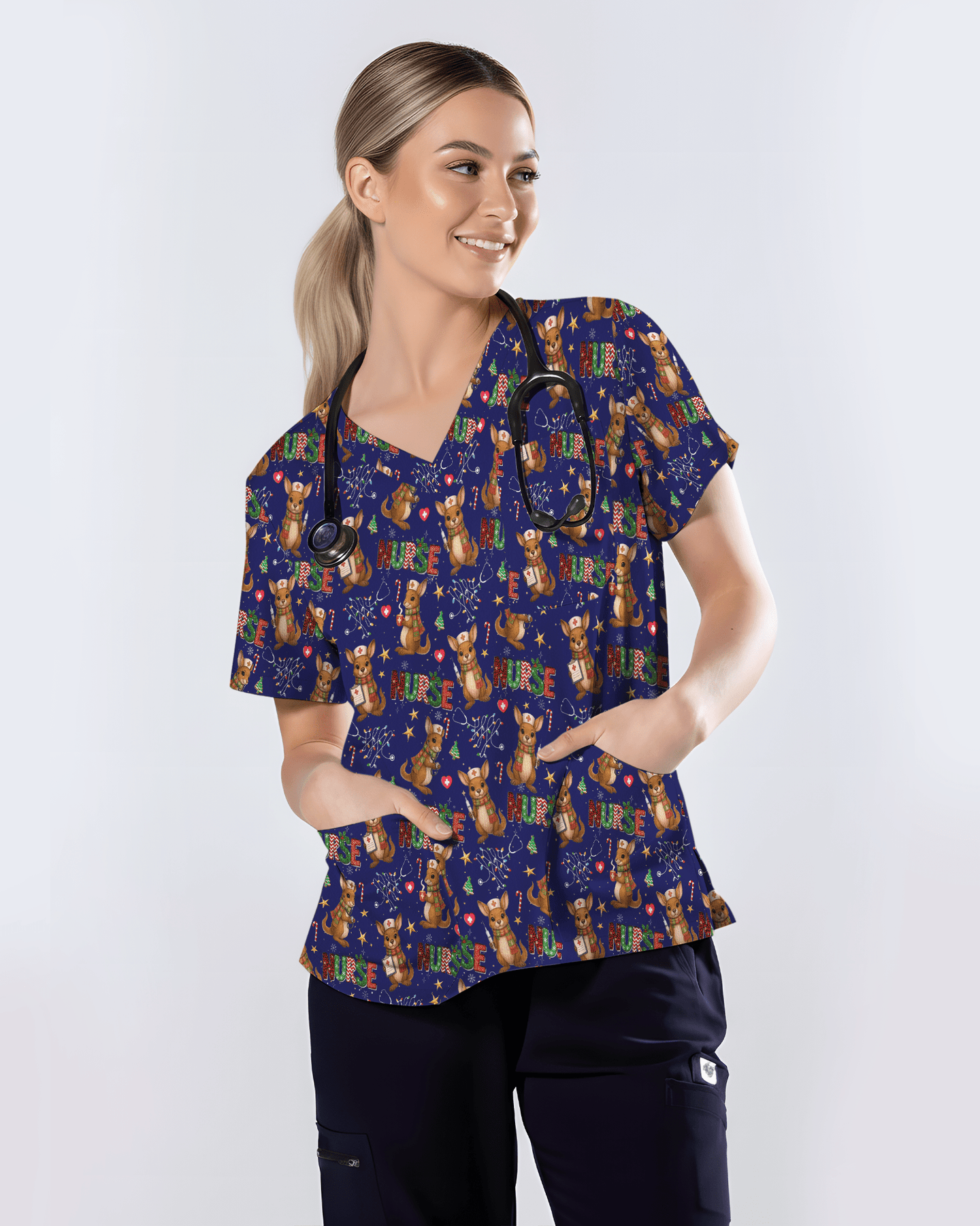 Cute Xmas Kangaroo Medical Scrub Top - Scrubloop