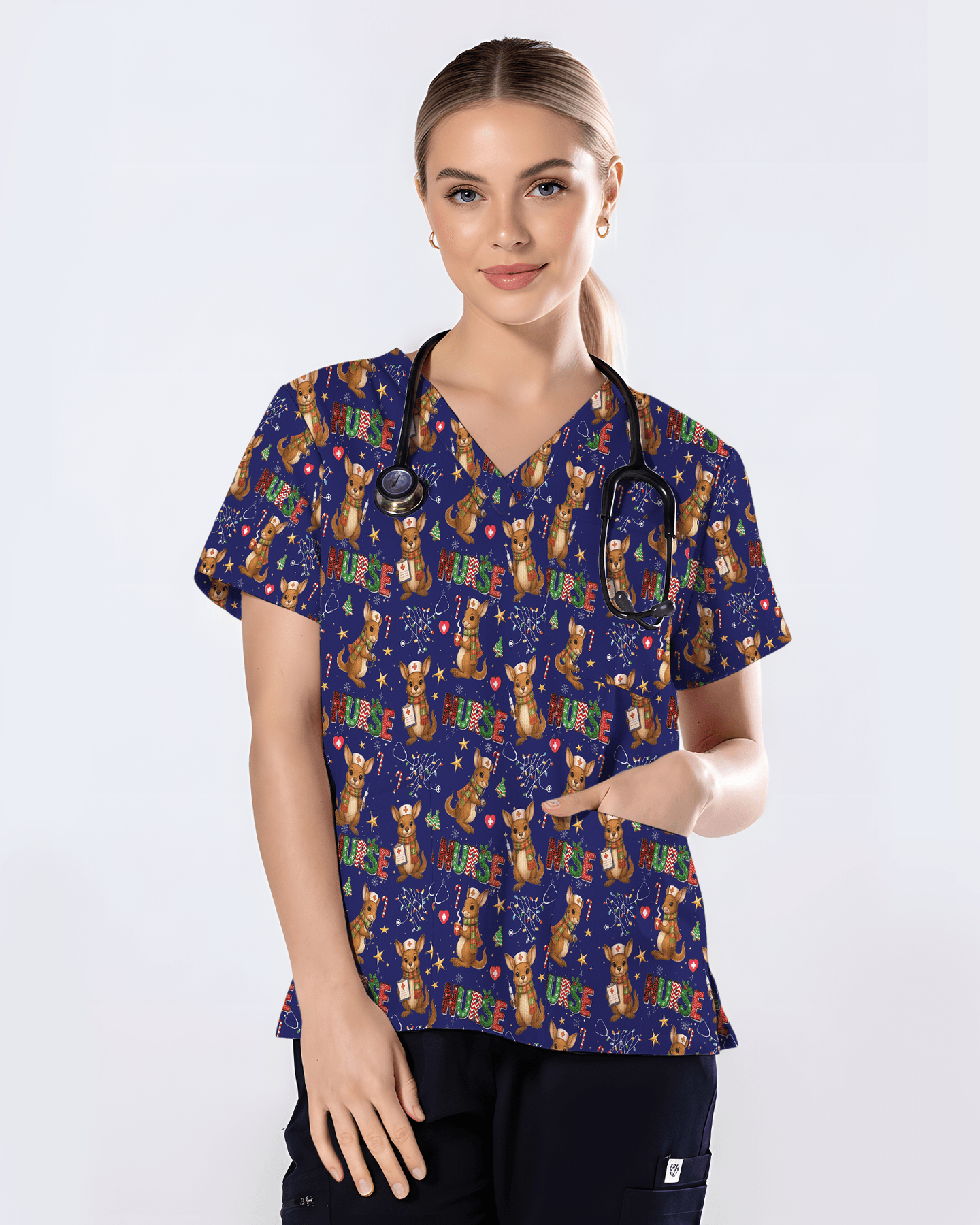 Cute Xmas Kangaroo Medical Scrub Top - Scrubloop