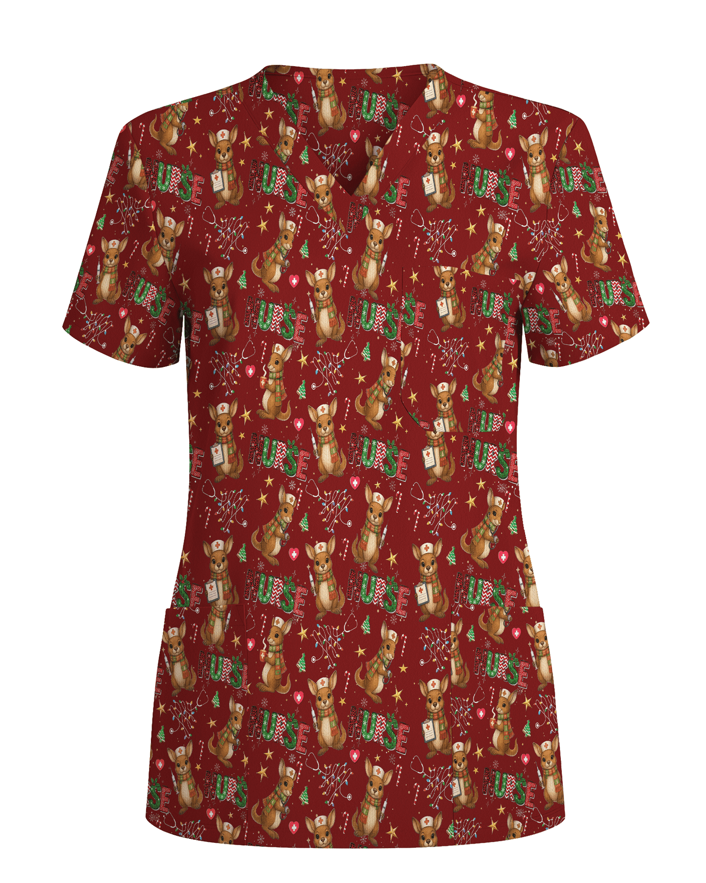 Cute Xmas Kangaroo Medical Scrub Top - Scrubloop