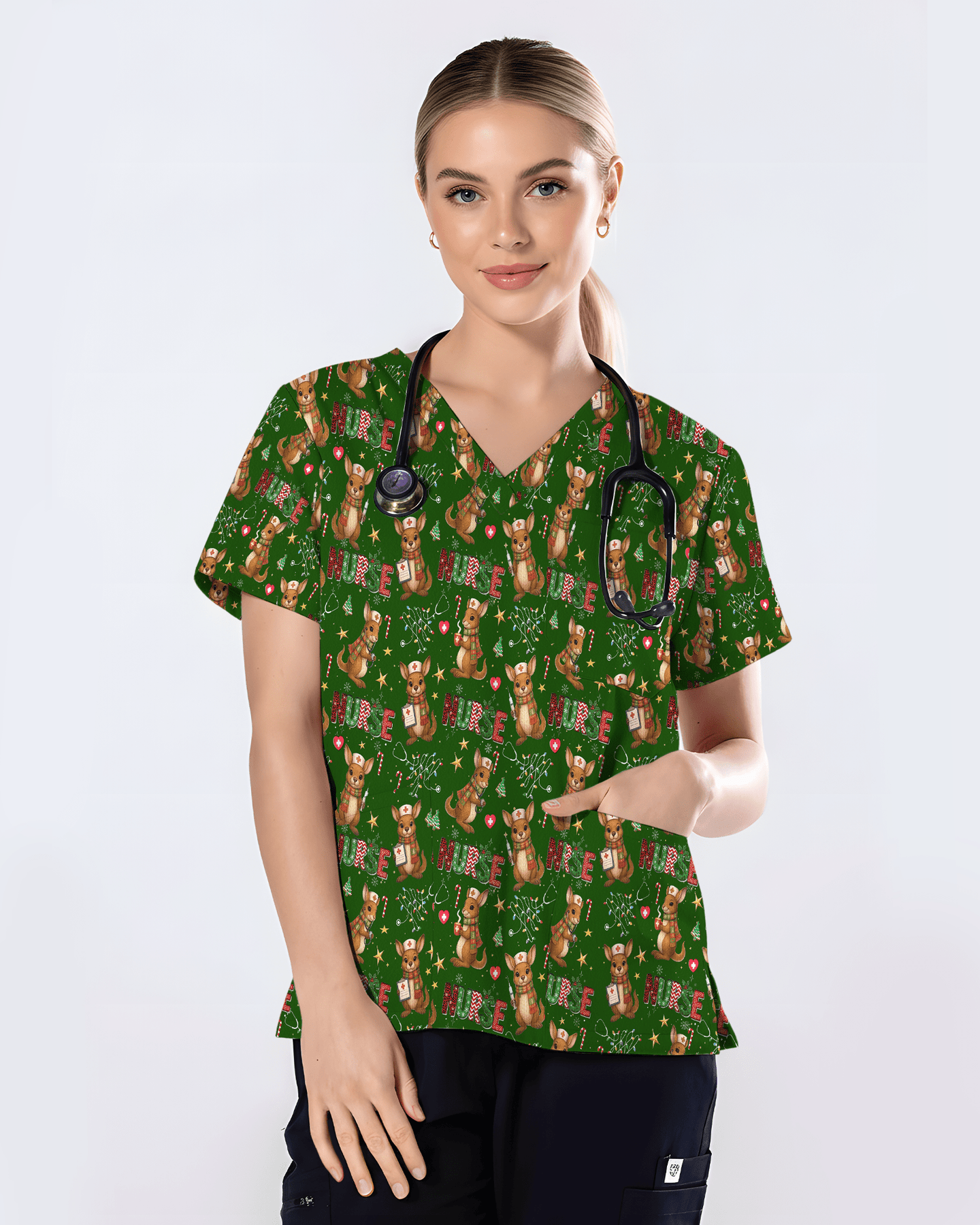 Cute Xmas Kangaroo Medical Scrub Top - Scrubloop
