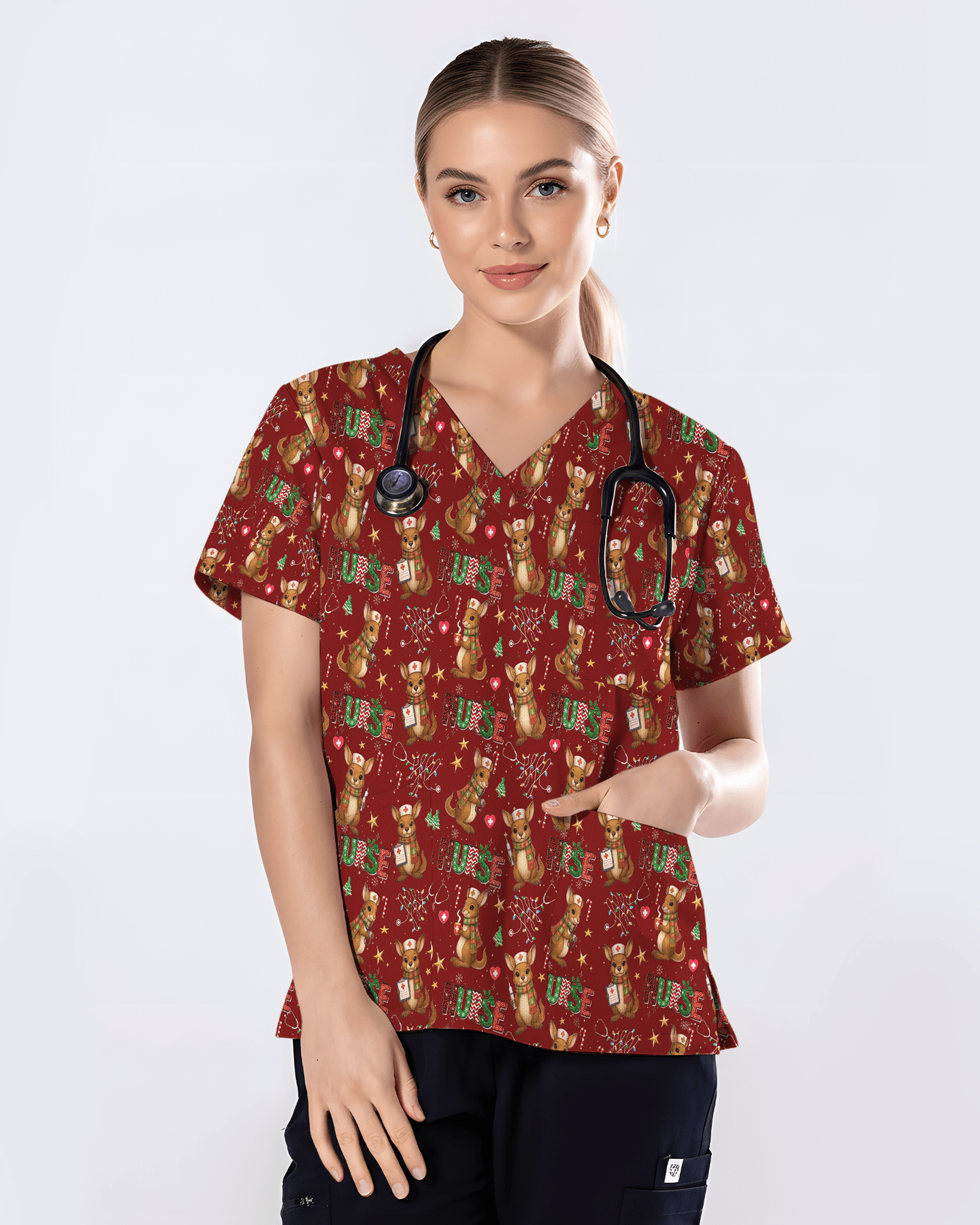 Cute Xmas Kangaroo Medical Scrub Top - Scrubloop