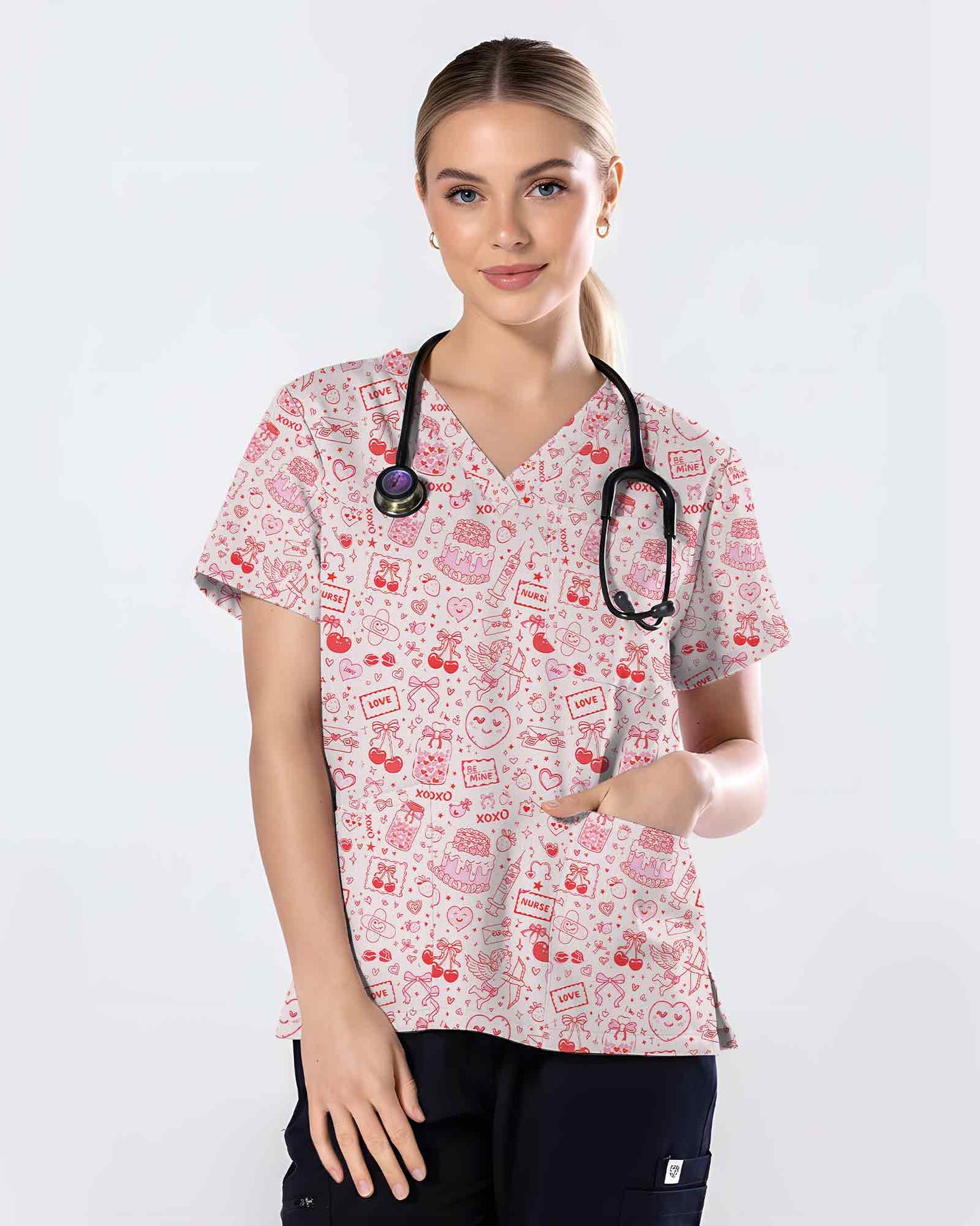 Cute XOXO Love Cupid Nursing Scrub Top - Scrubloop