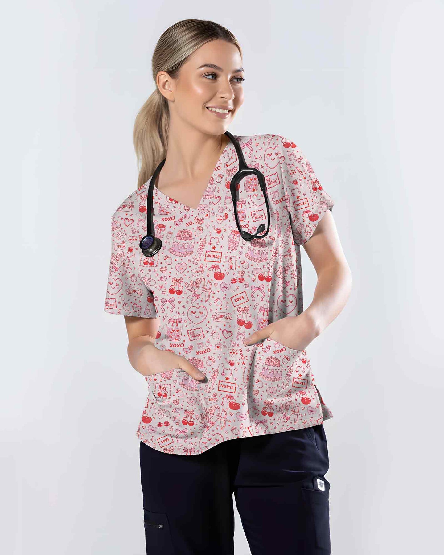 Cute XOXO Love Cupid Nursing Scrub Top - Scrubloop