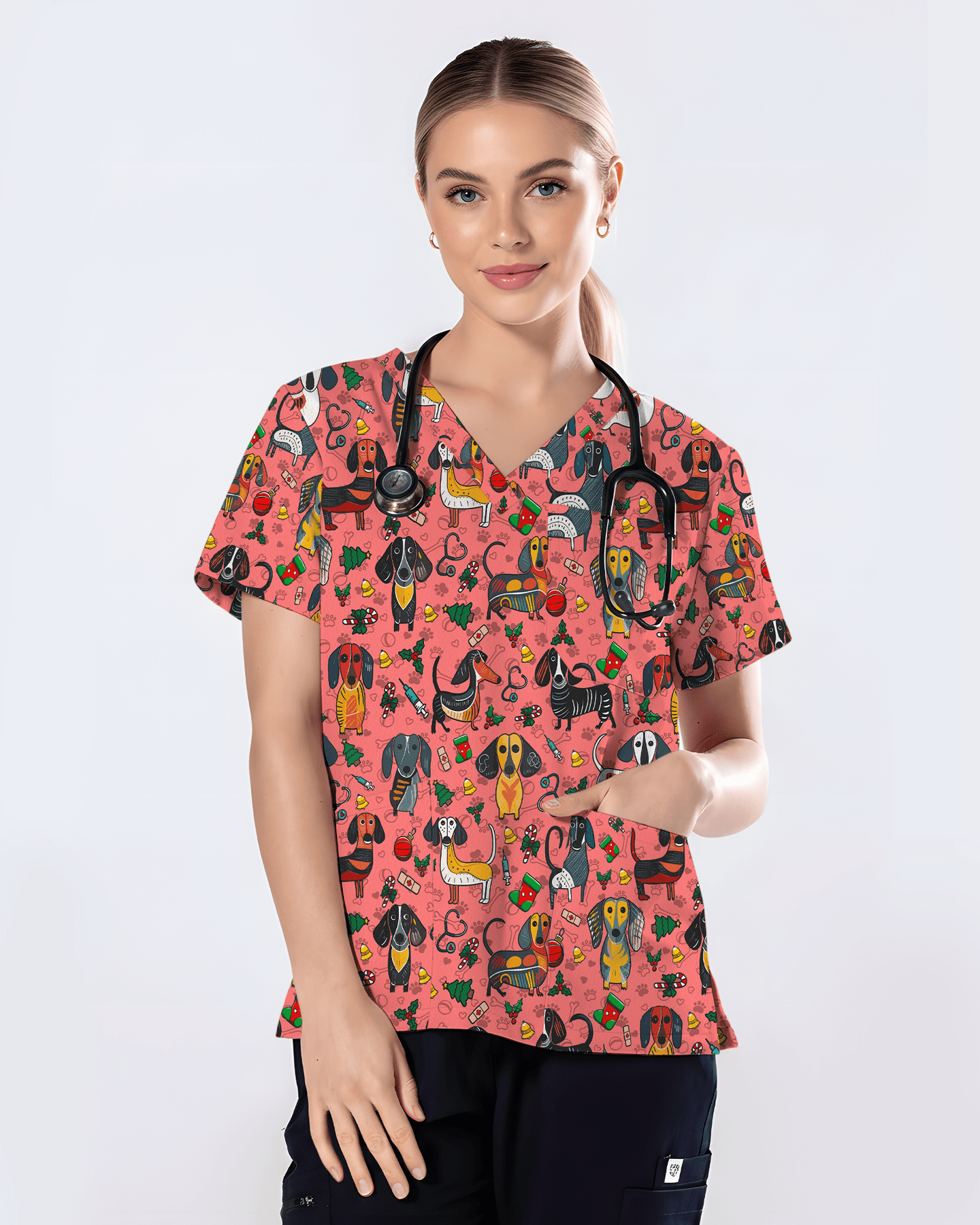 Dachshund Christmas Holiday Nursing Scrub Top - Scrubloop
