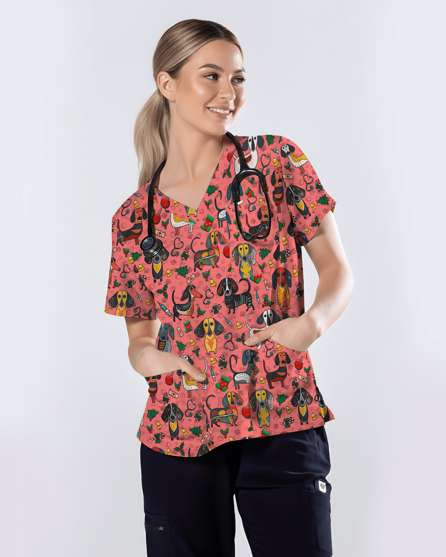 Dachshund Christmas Holiday Nursing Scrub Top - Scrubloop
