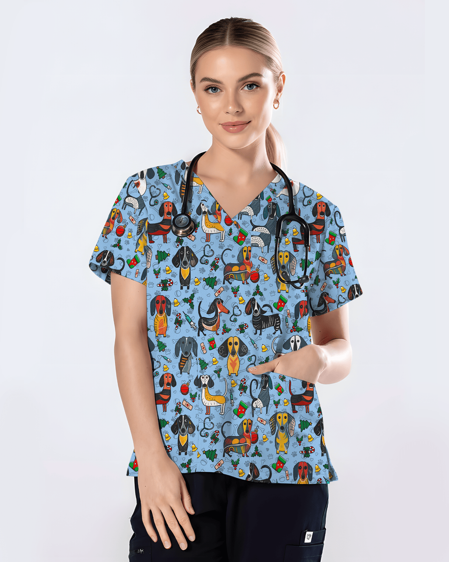 Dachshund Christmas Holiday Nursing Scrub Top - Scrubloop