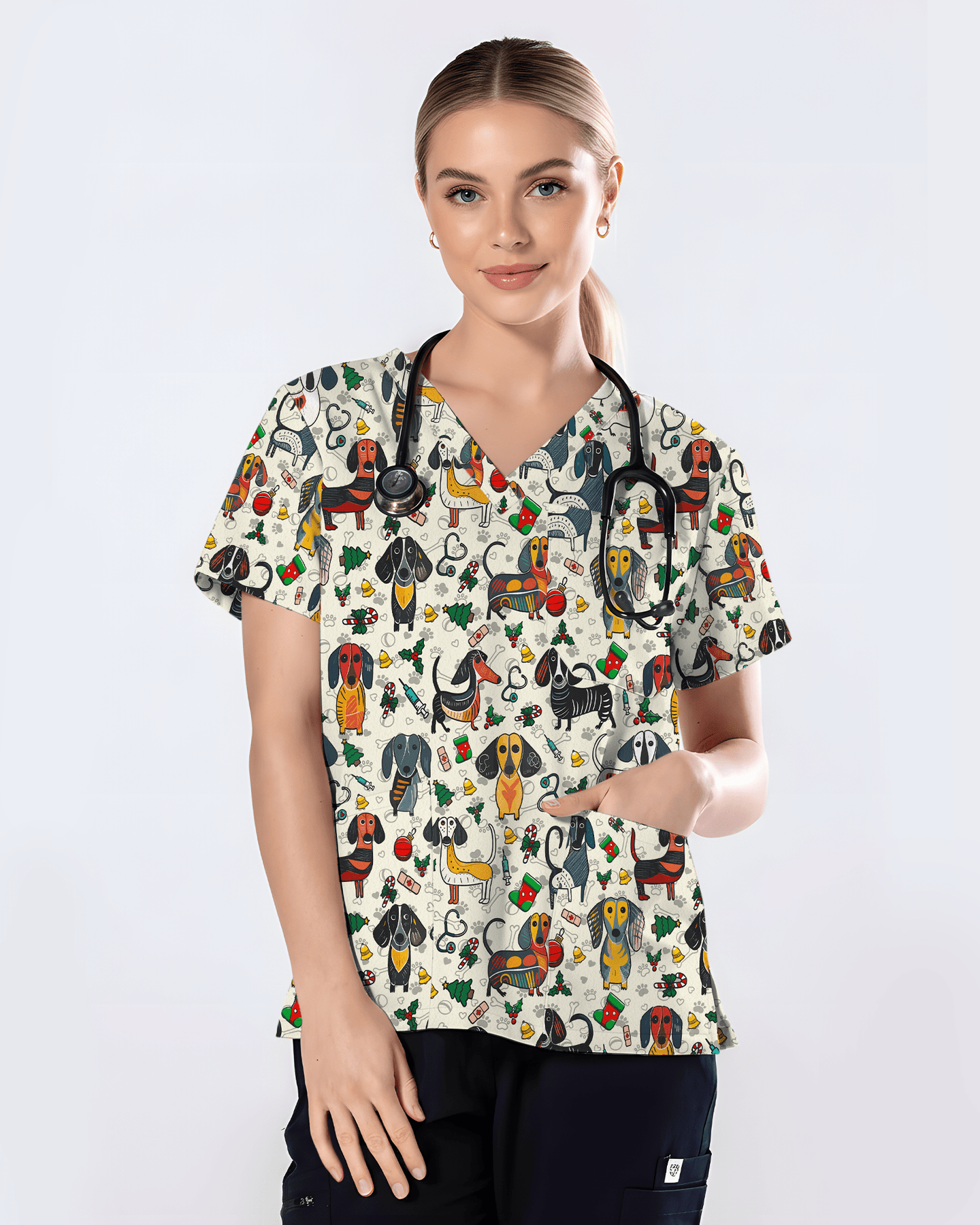 Dachshund Christmas Holiday Nursing Scrub Top - Scrubloop