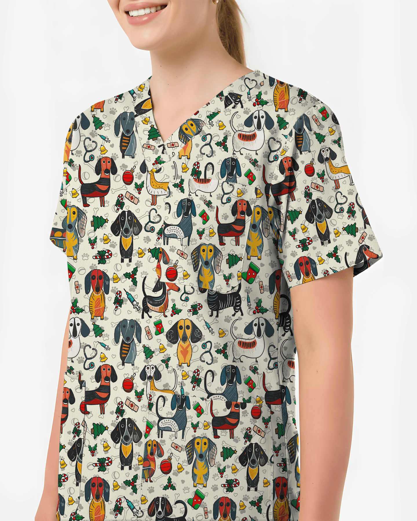 Dachshund Christmas Holiday Nursing Scrub Top - Scrubloop