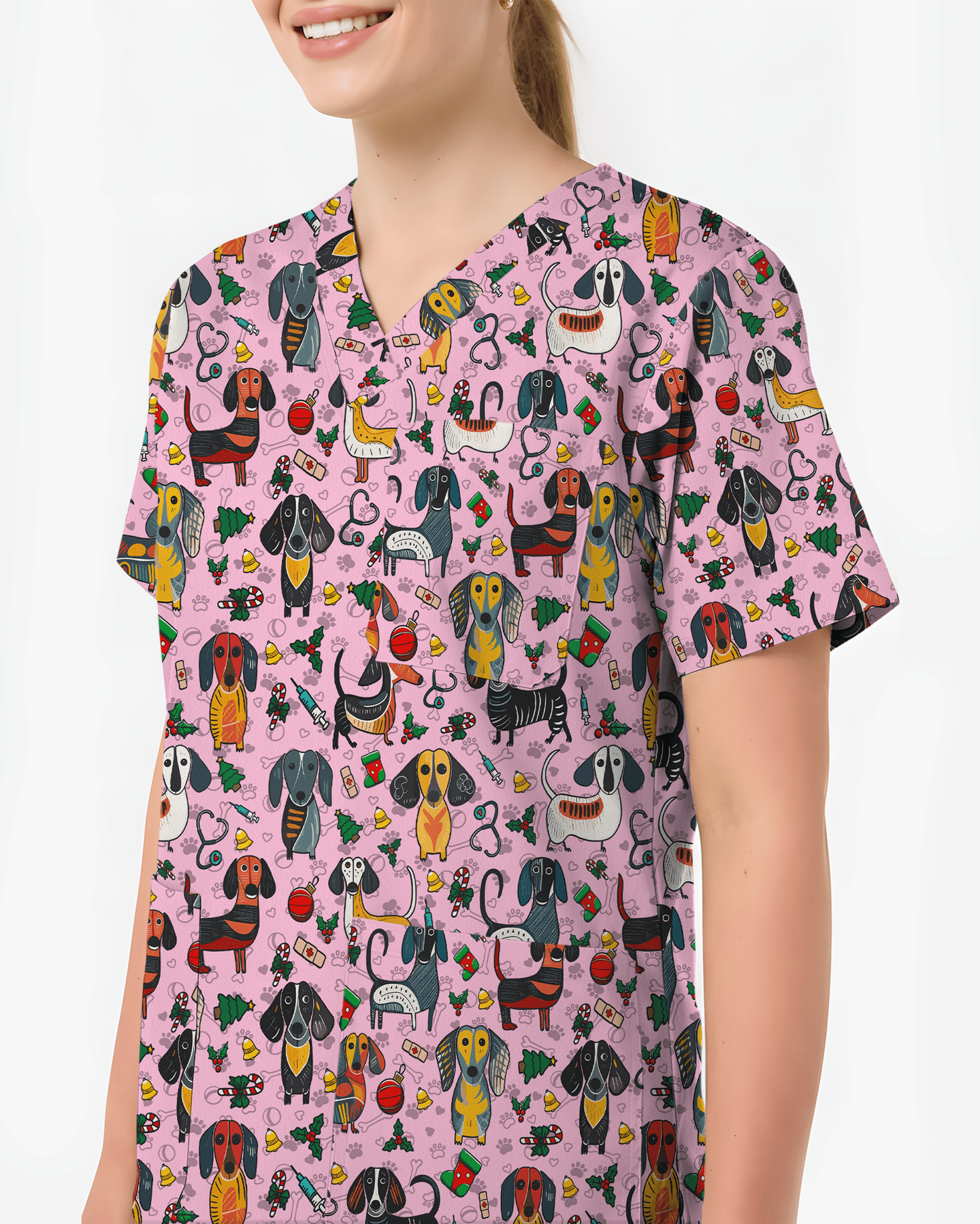 Dachshund Christmas Holiday Nursing Scrub Top - Scrubloop