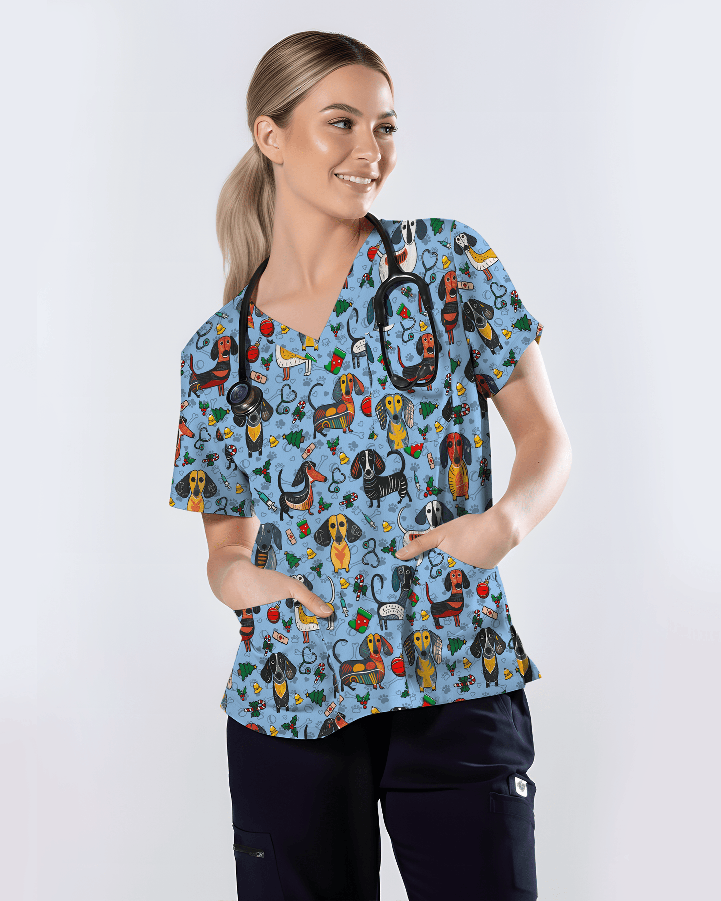 Dachshund Christmas Holiday Nursing Scrub Top - Scrubloop