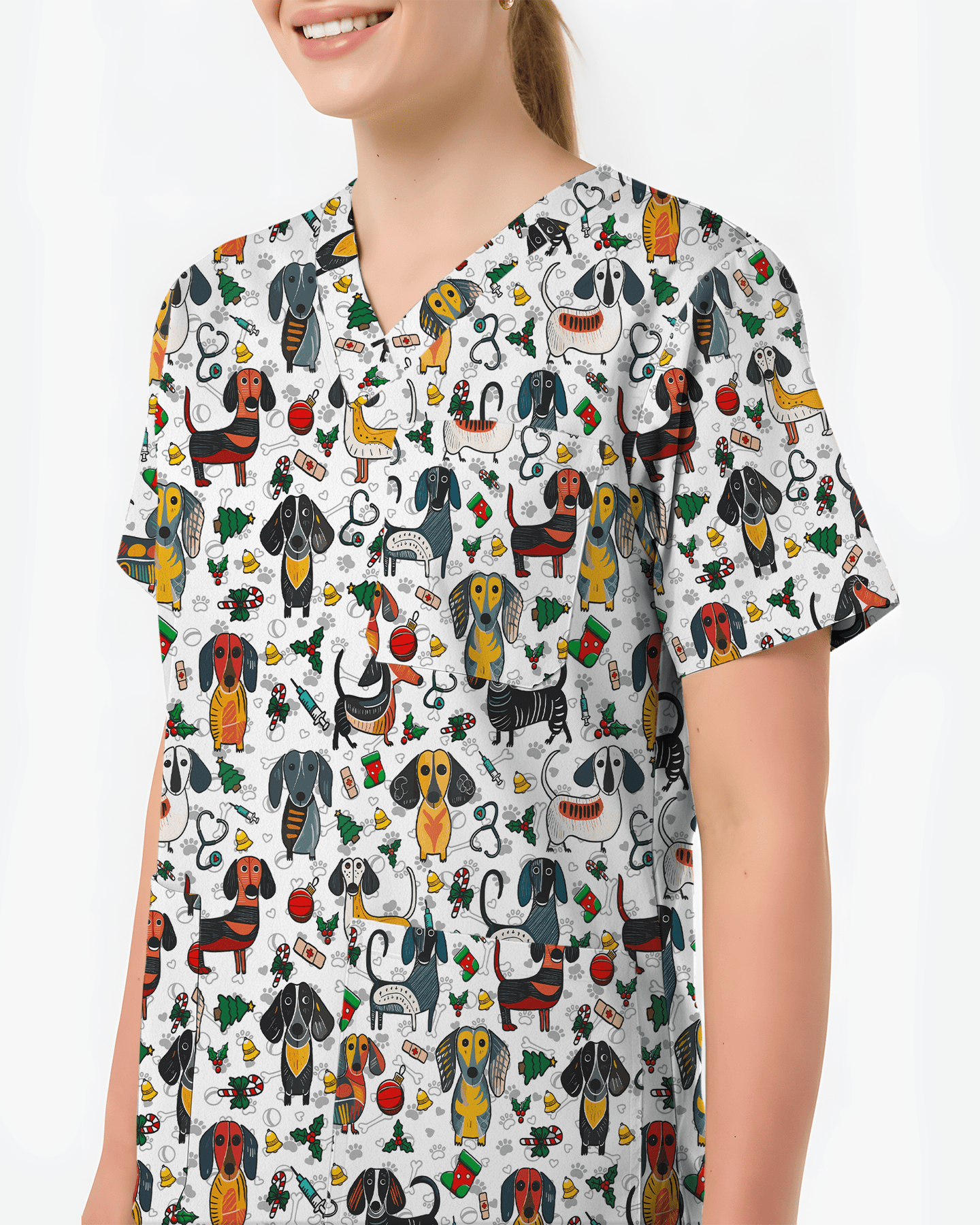 Dachshund Christmas Holiday Nursing Scrub Top - Scrubloop
