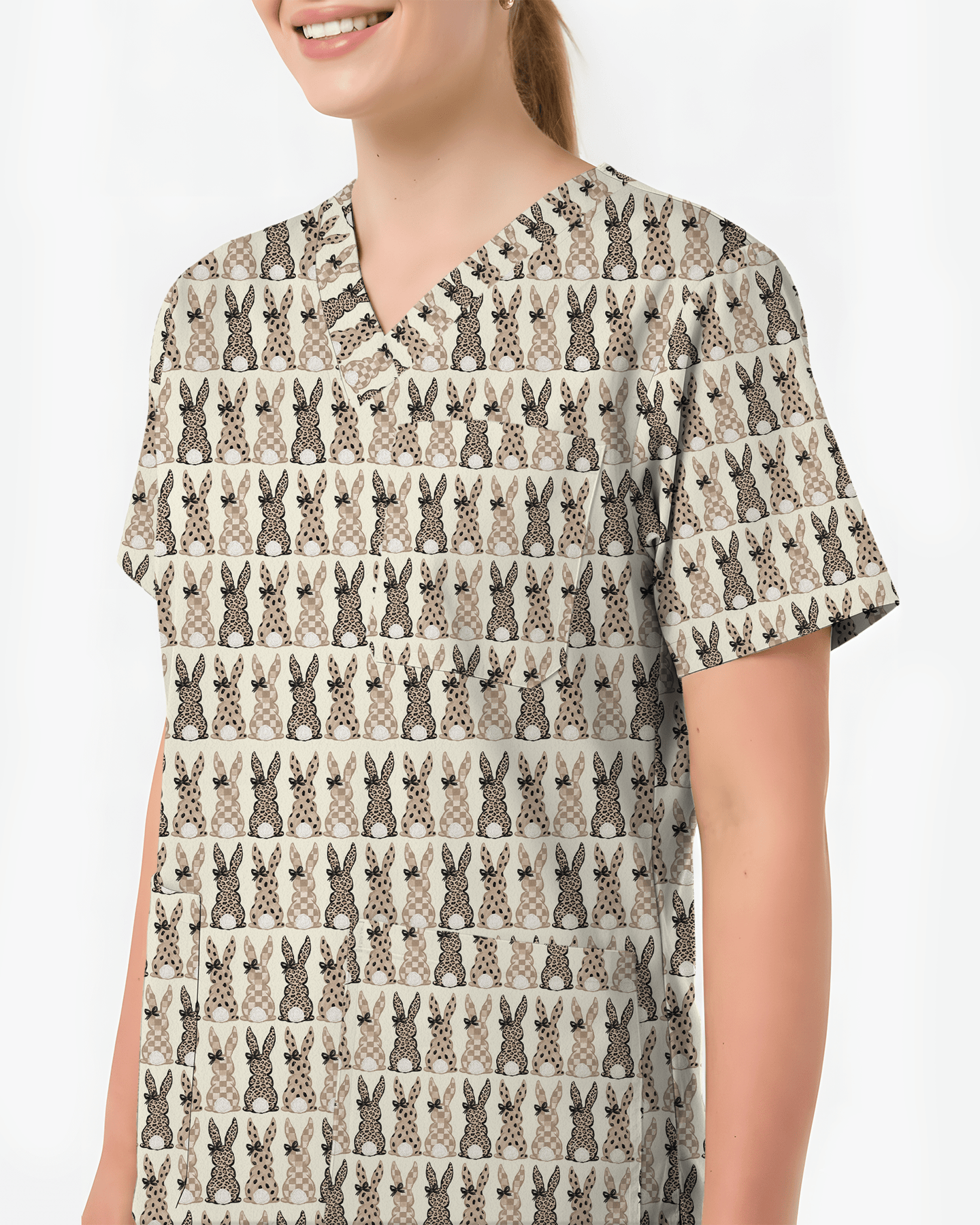 Easter Bunny Leopard Print Scrub Top - Scrubloop