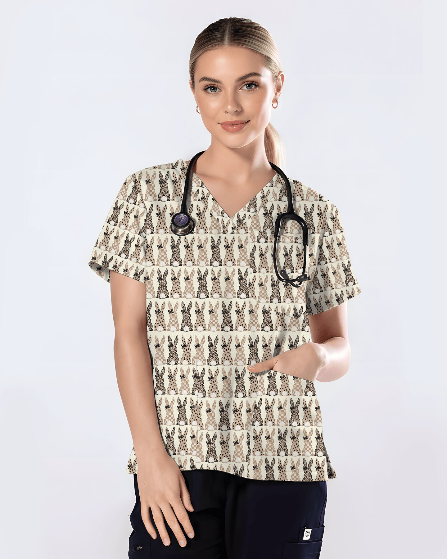 Easter Bunny Leopard Print Scrub Top - Scrubloop