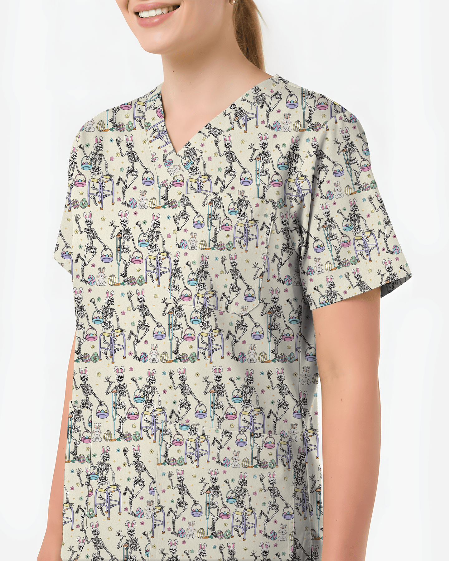 Easter Bunny Skeleton Physical Therapy Scrub Top - Scrubloop