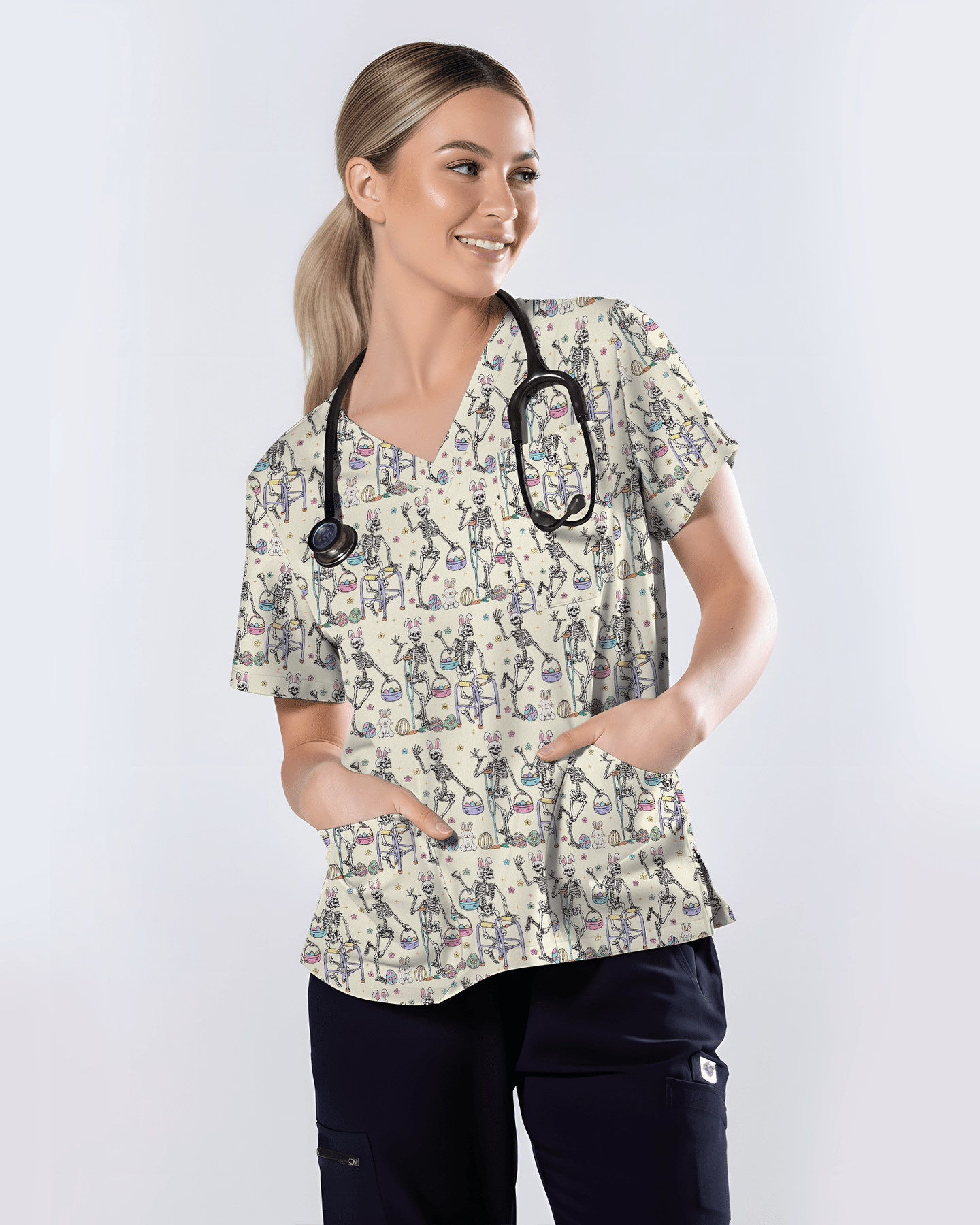 Easter Bunny Skeleton Physical Therapy Scrub Top - Scrubloop