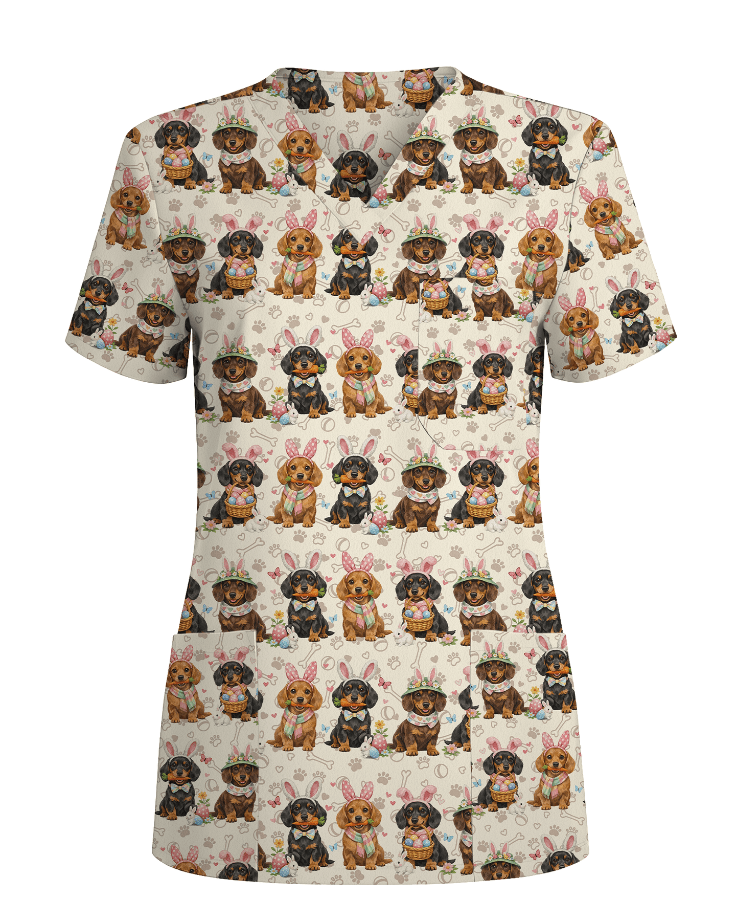 Easter Dachshund Bunny Ears Cute Nurse Scrub Top - Scrubloop