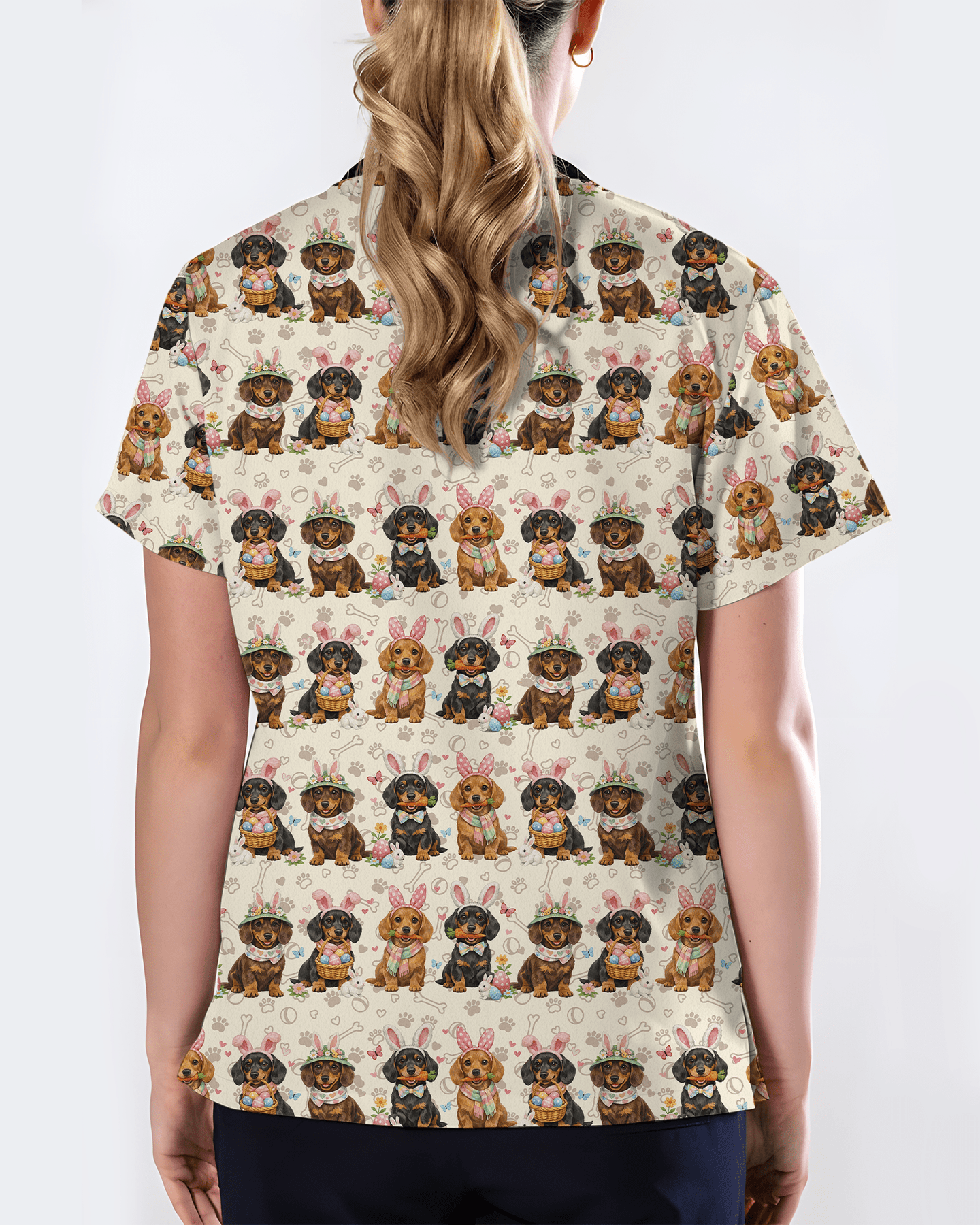 Easter Dachshund Bunny Ears Cute Nurse Scrub Top - Scrubloop