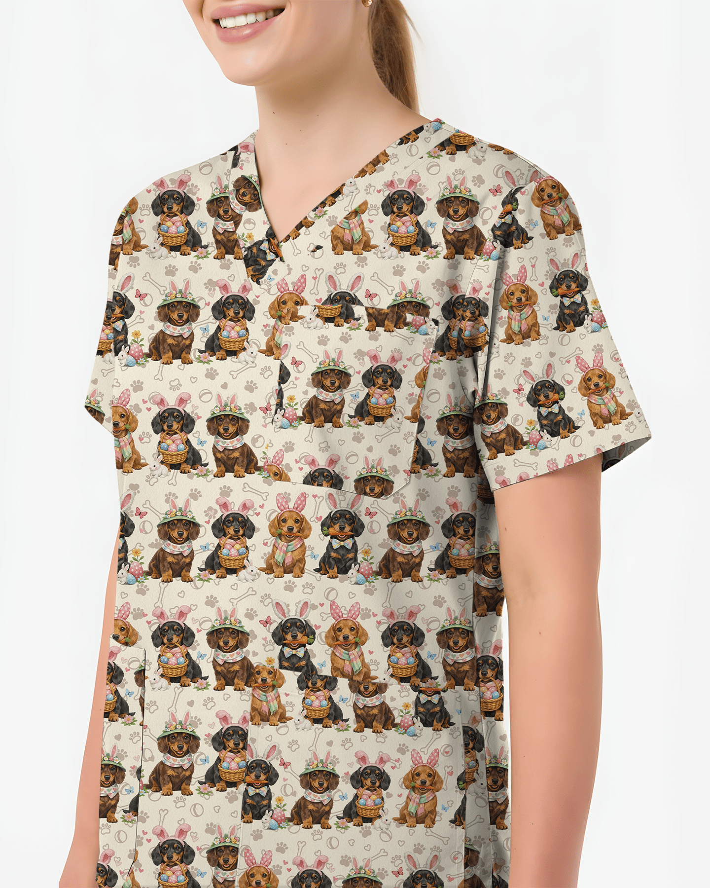 Easter Dachshund Bunny Ears Cute Nurse Scrub Top - Scrubloop