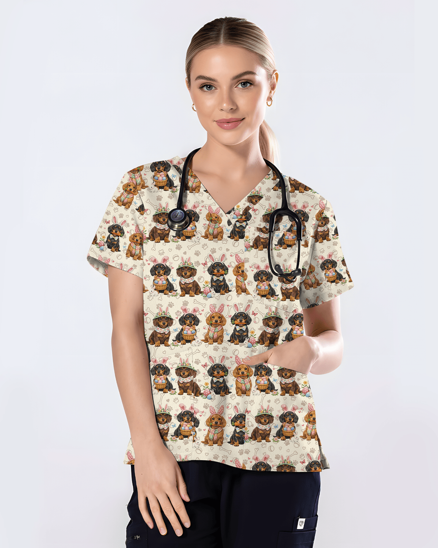 Easter Dachshund Bunny Ears Cute Nurse Scrub Top - Scrubloop