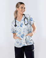 Elegant Blue and White Easter Egg Cute Nurse Scrub Top - Scrubloop