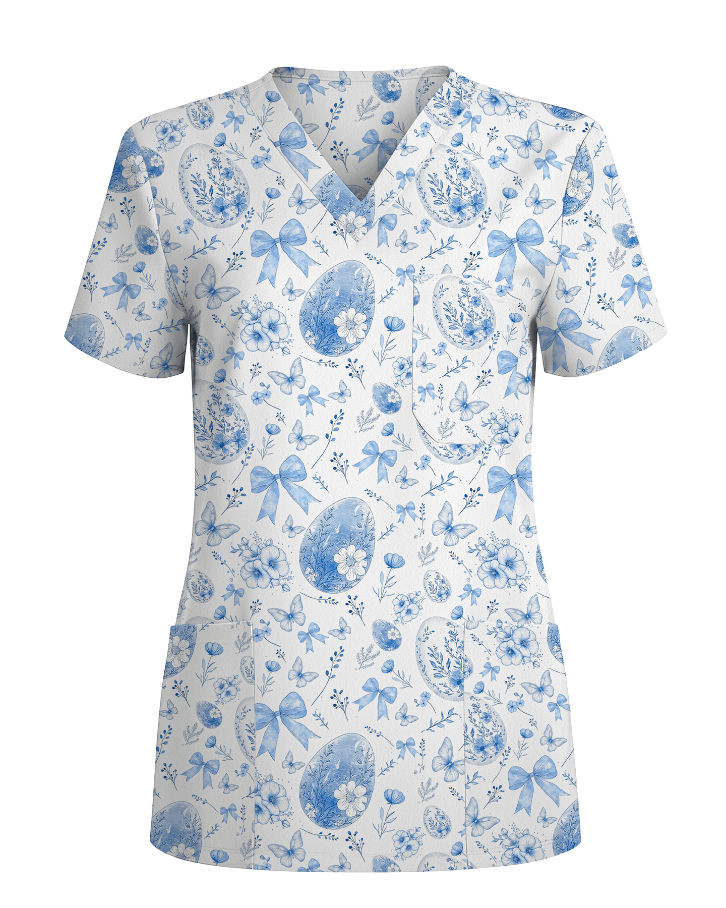 Elegant Blue and White Easter Egg Cute Nurse Scrub Top - Scrubloop