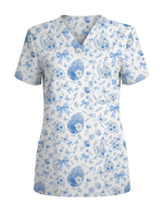 Elegant Blue and White Easter Egg Cute Nurse Scrub Top - Scrubloop