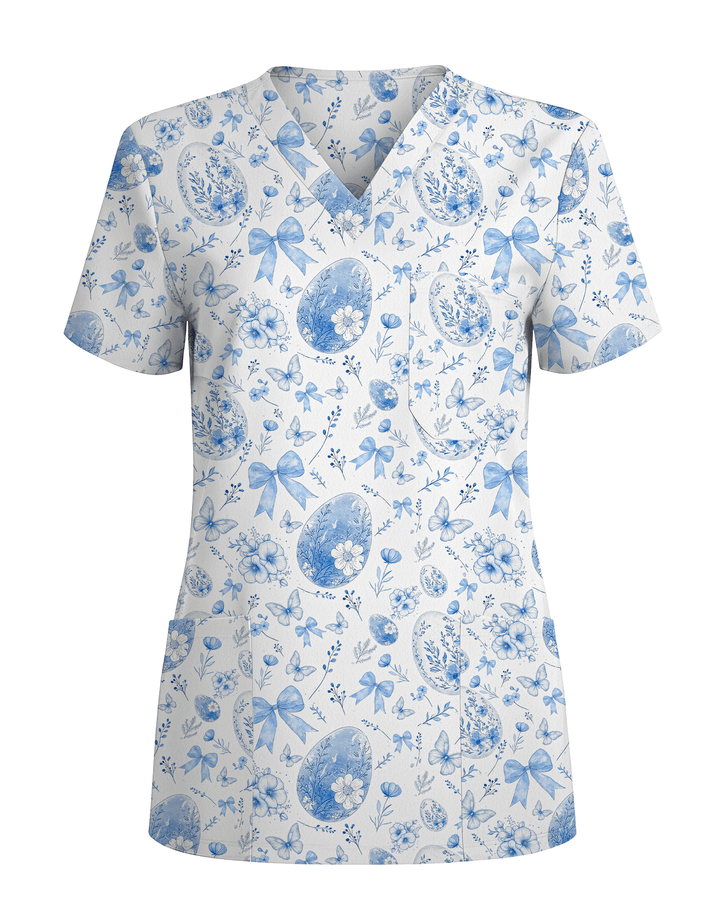 Elegant Blue and White Easter Egg Cute Nurse Scrub Top