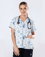 Elegant Blue and White Easter Egg Cute Nurse Scrub Top - Scrubloop