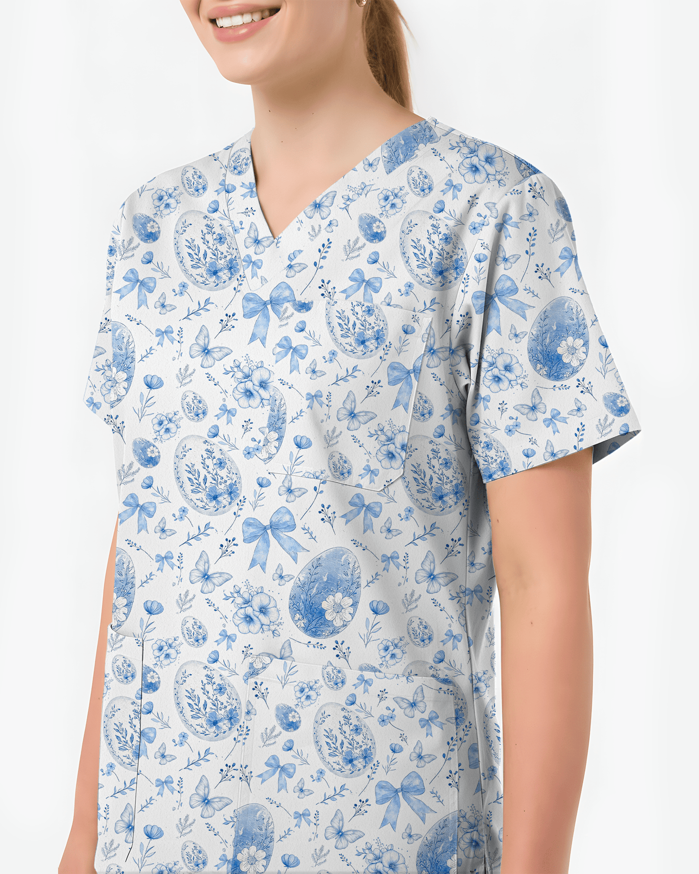 Elegant Blue and White Easter Egg Cute Nurse Scrub Top - Scrubloop