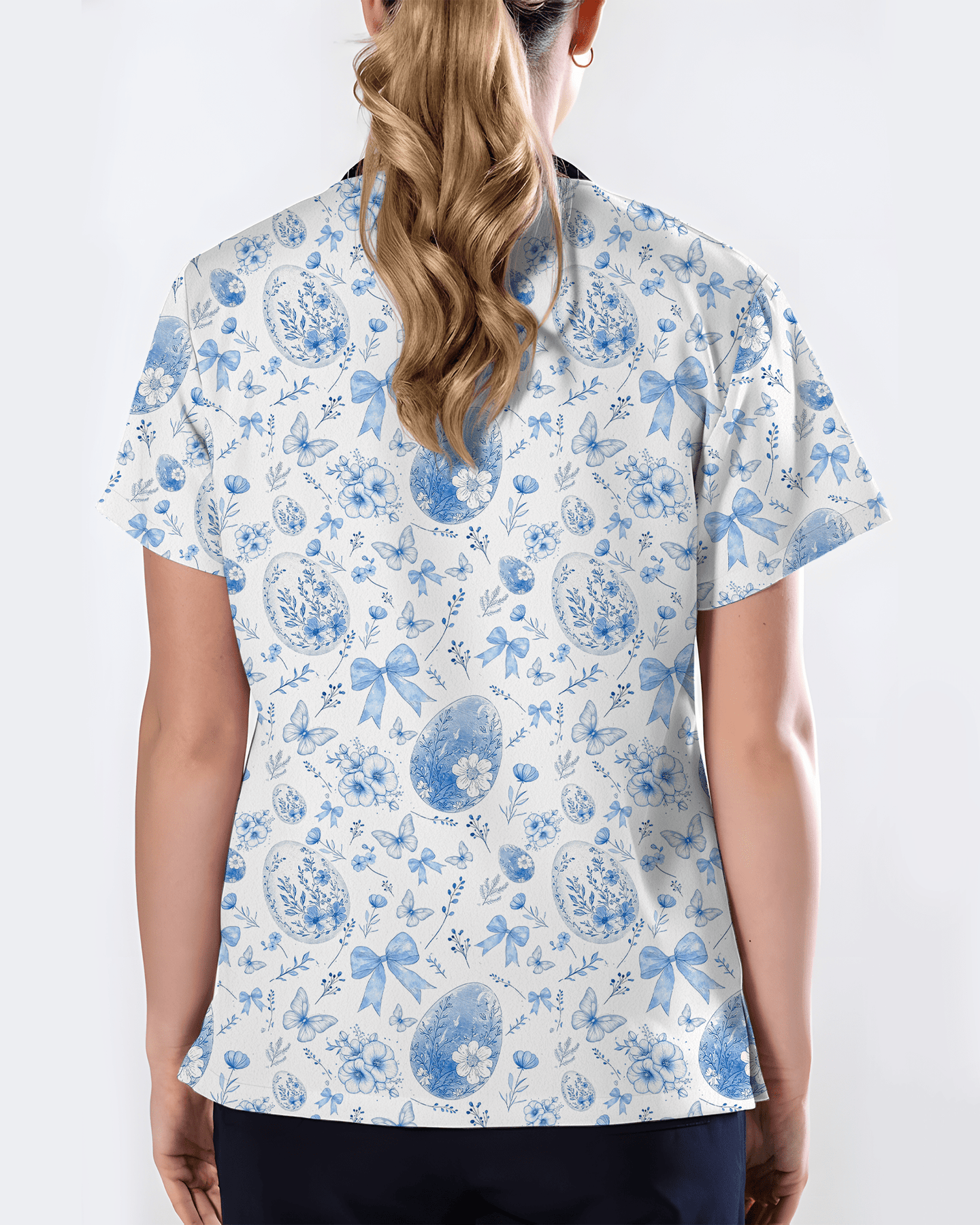 Elegant Blue and White Easter Egg Cute Nurse Scrub Top - Scrubloop