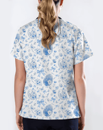 Elegant Blue and White Easter Egg Cute Nurse Scrub Top - Scrubloop