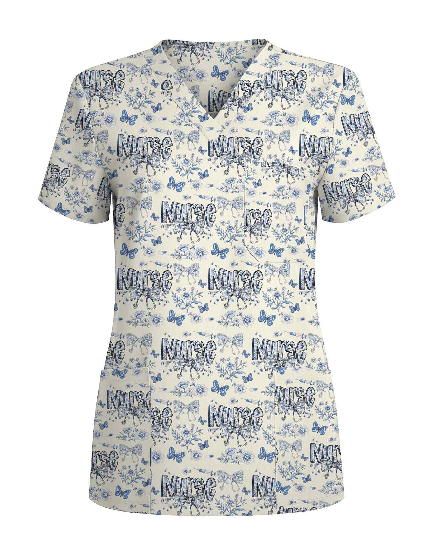 Elegant Blue Floral Nursing Scrub Top - Scrubloop
