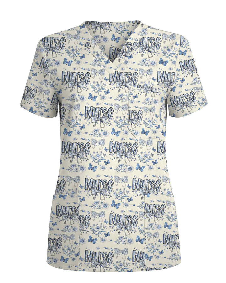 Elegant Blue Floral Nursing Scrub Top