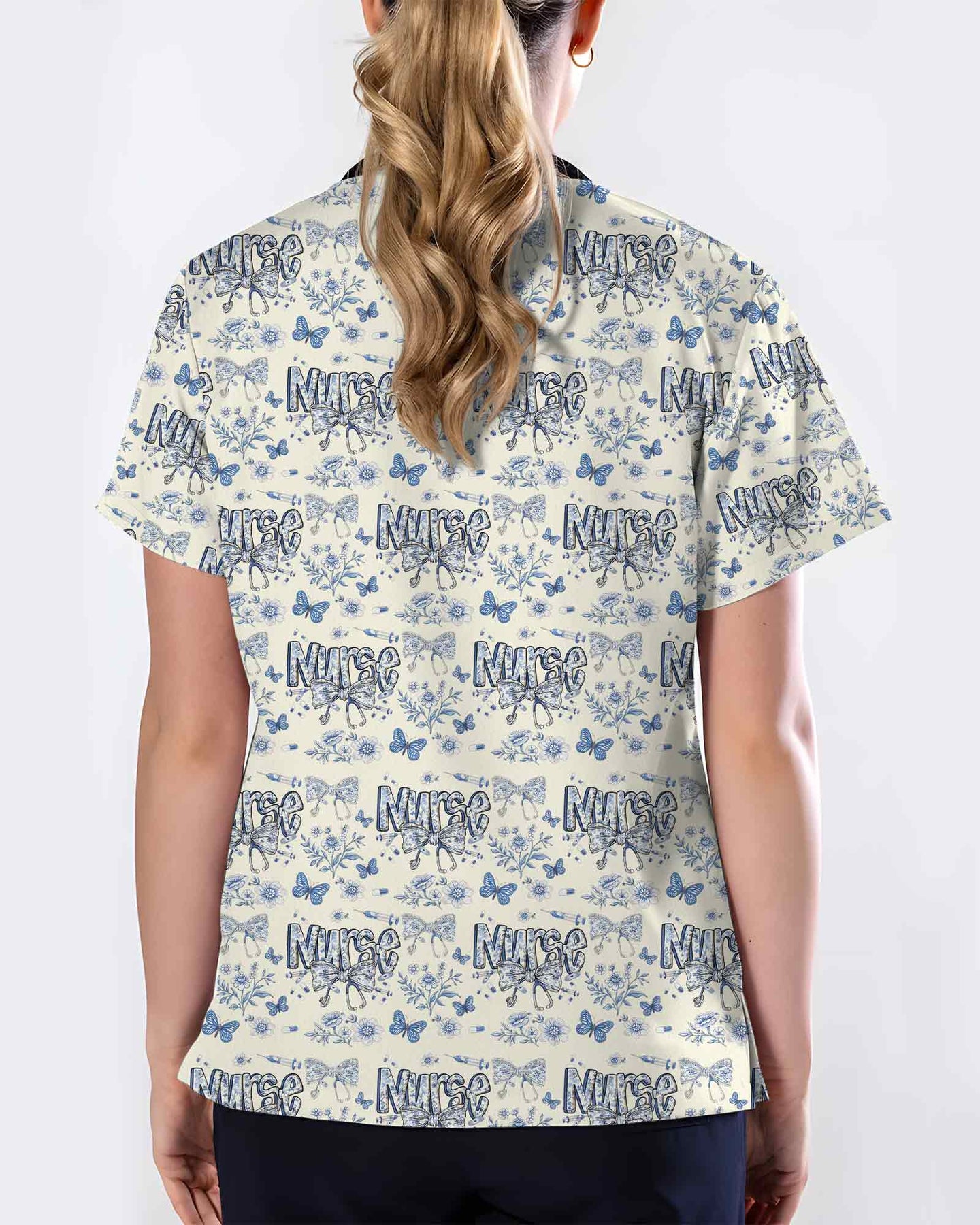Elegant Blue Floral Nursing Scrub Top - Scrubloop