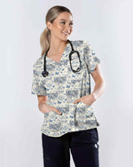 Elegant Blue Floral Nursing Scrub Top - Scrubloop