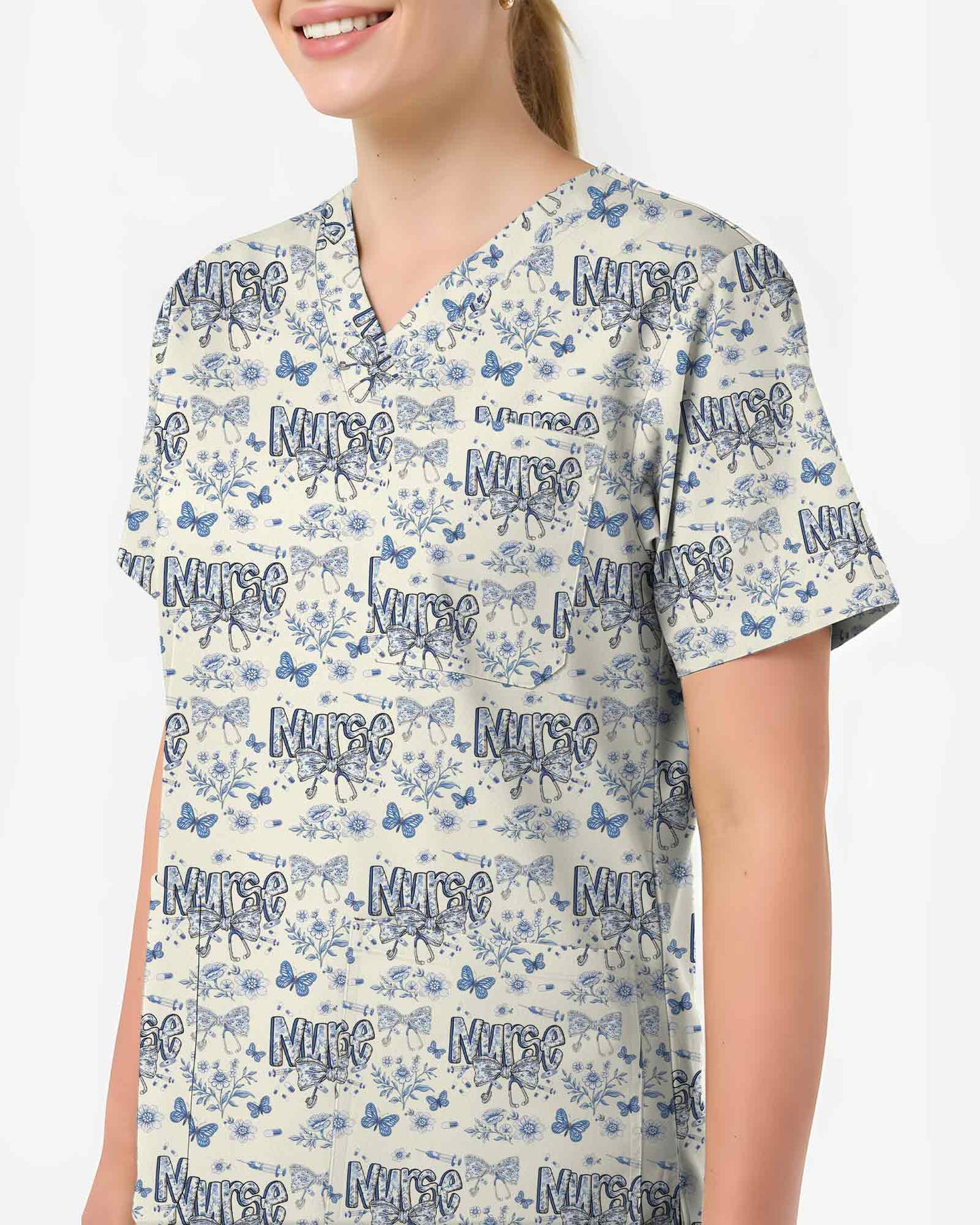 Elegant Blue Floral Nursing Scrub Top - Scrubloop