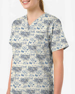 Elegant Blue Floral Nursing Scrub Top - Scrubloop