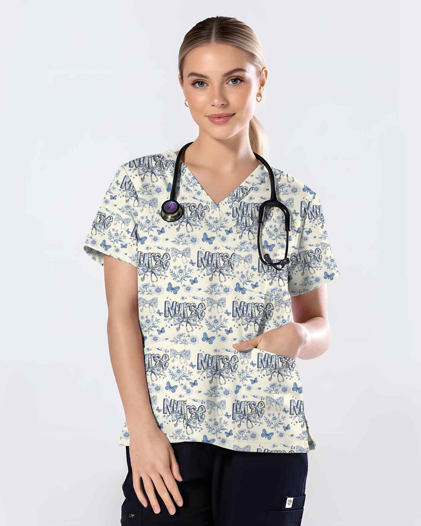 Elegant Blue Floral Nursing Scrub Top - Scrubloop