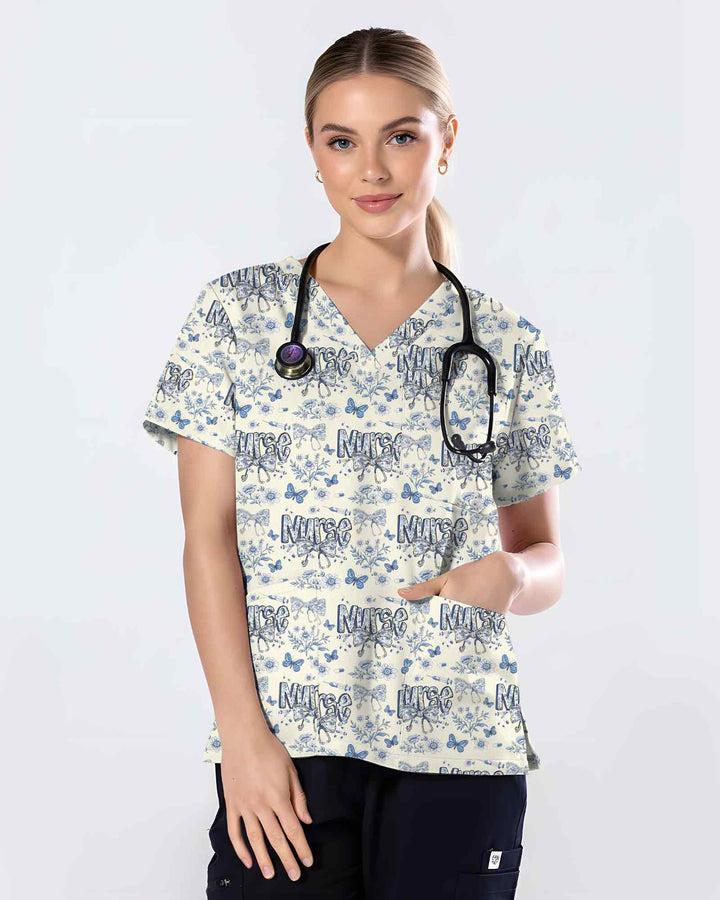 Elegant Blue Floral Nursing Scrub Top