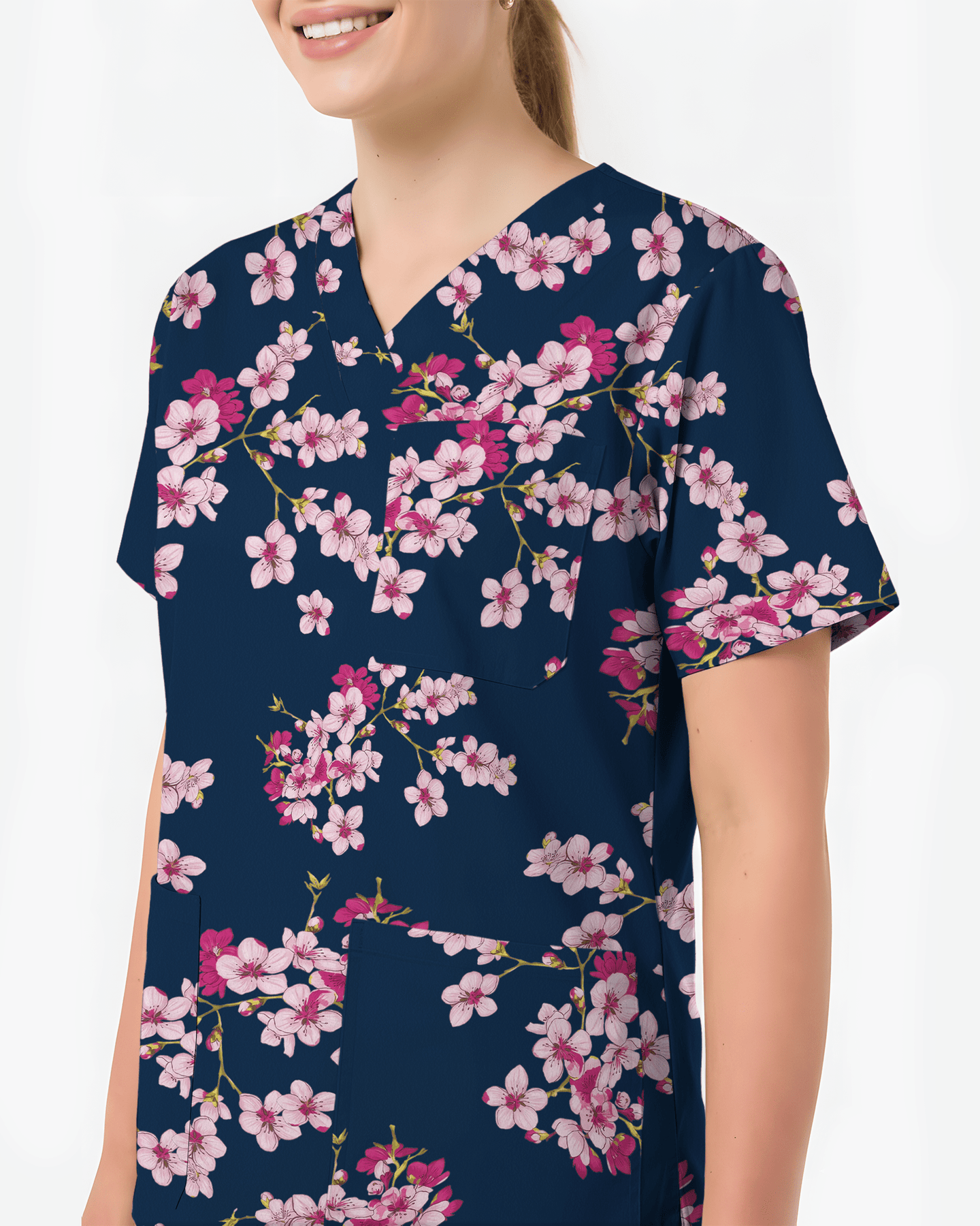 Elegant Pink Sakura Floral Medical Scrub Top - Scrubloop