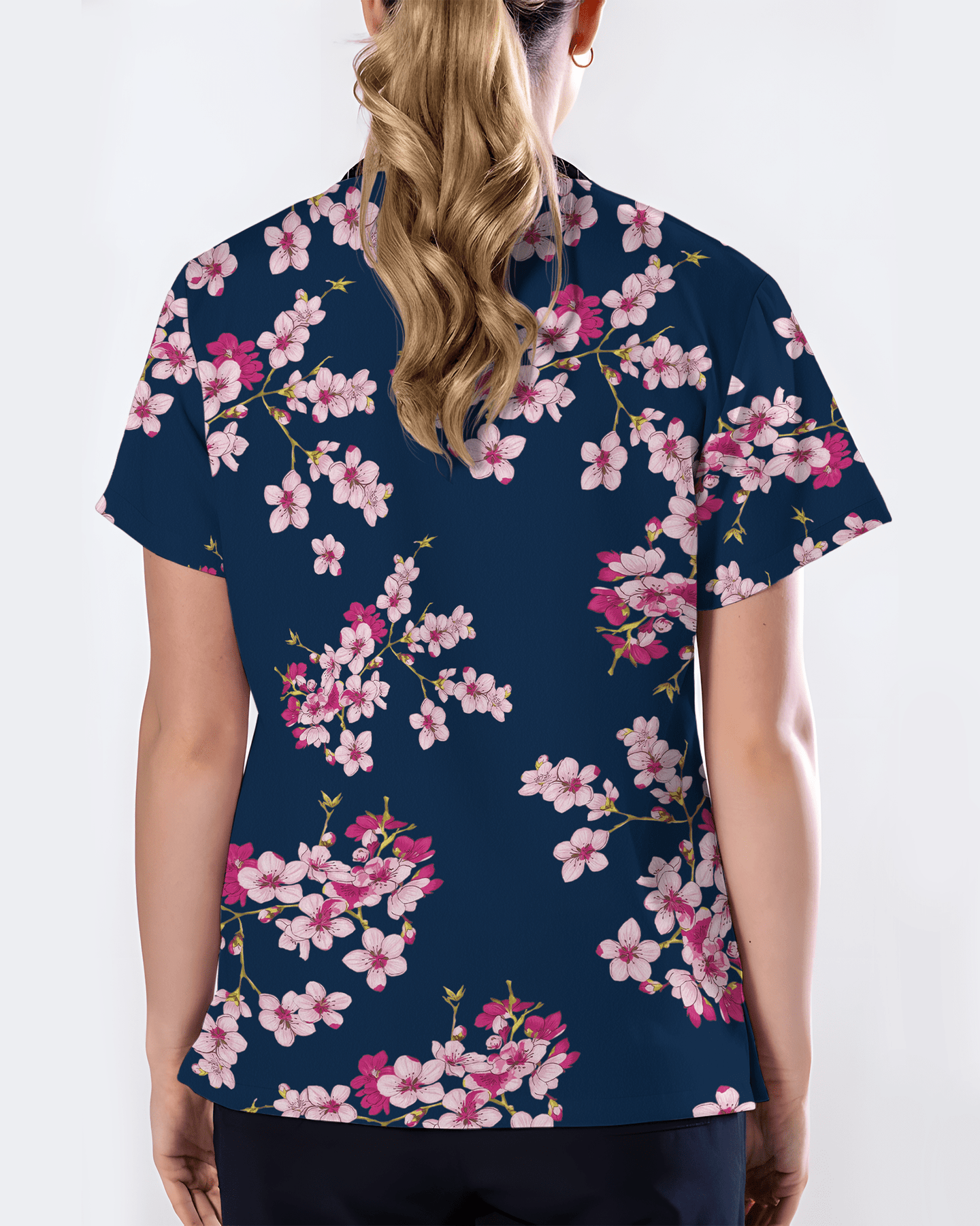 Elegant Pink Sakura Floral Medical Scrub Top - Scrubloop