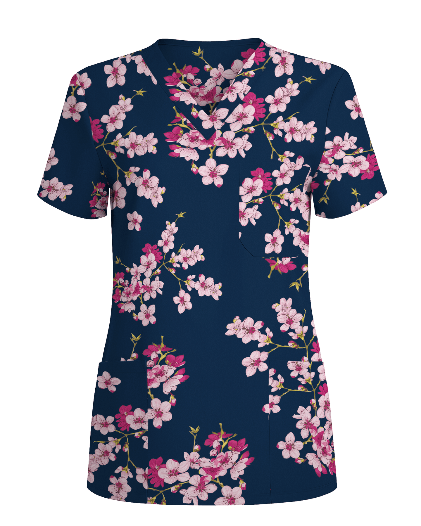Elegant Pink Sakura Floral Medical Scrub Top - Scrubloop