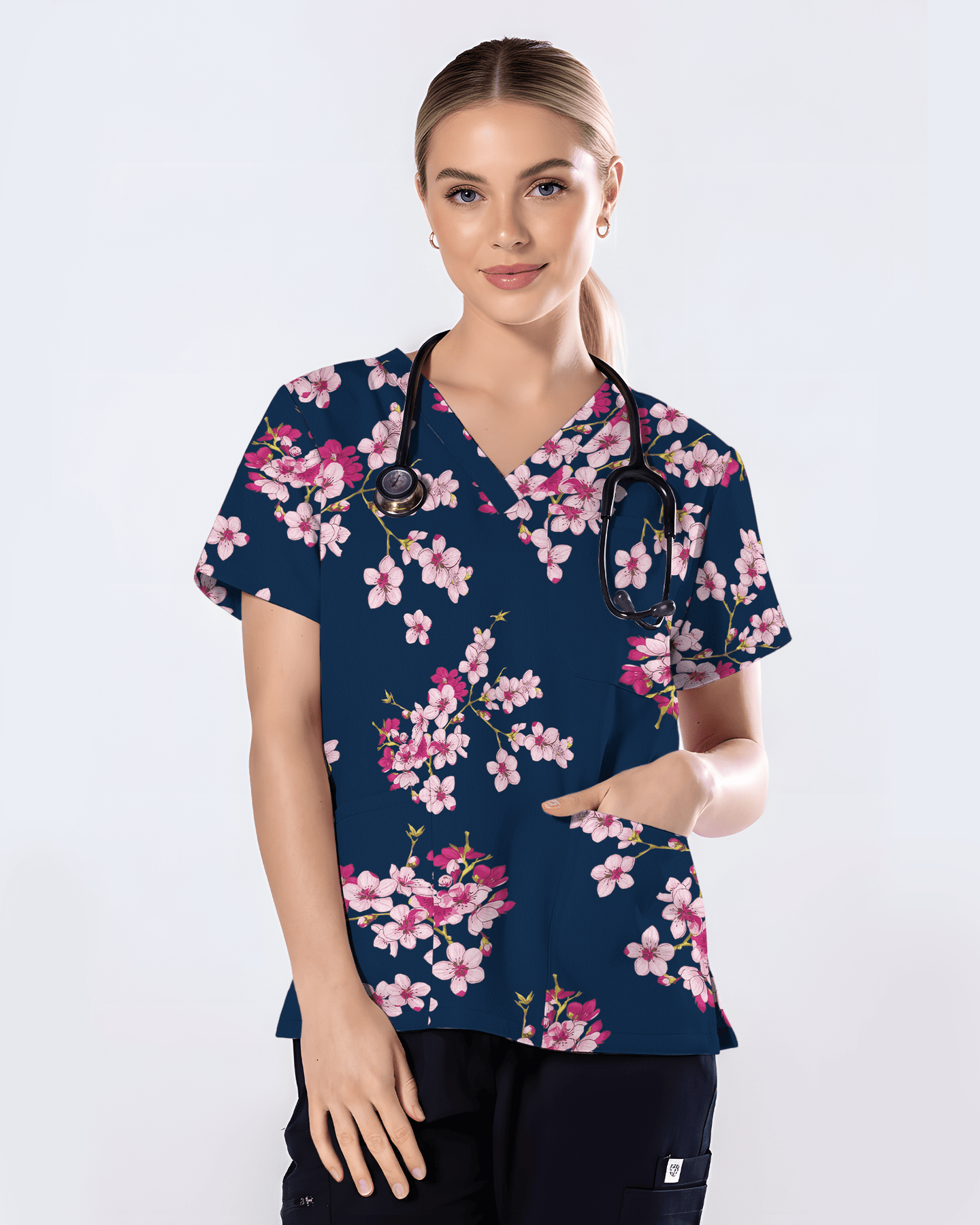 Elegant Pink Sakura Floral Medical Scrub Top - Scrubloop