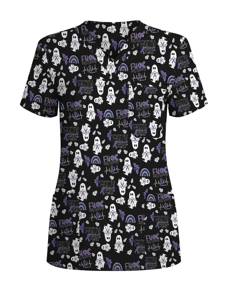 Faith Over Fear Purple Ribbon Cancer Awareness Scrub Top