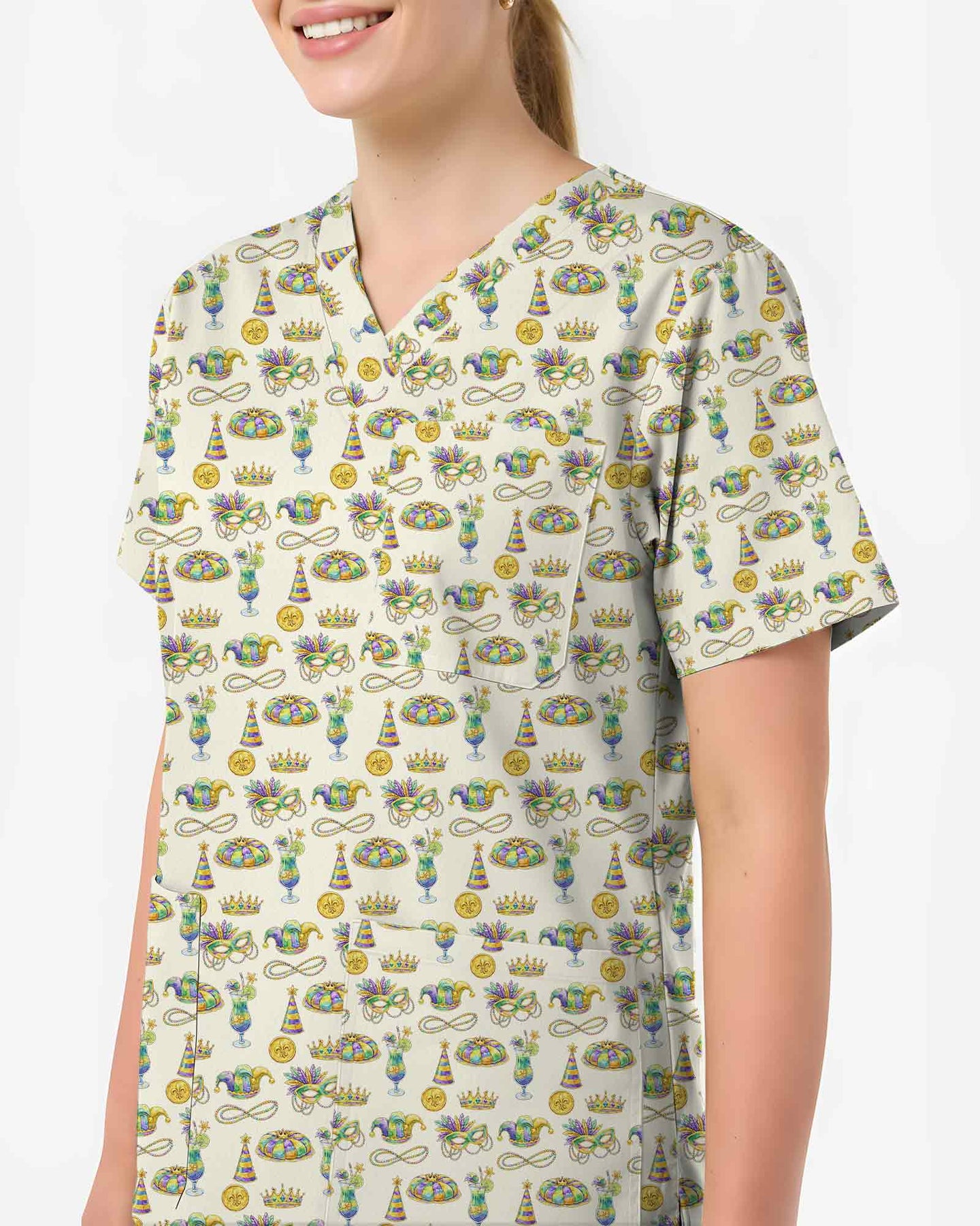 Festive Mardi Gras Carnival Parade Scrub Top - Scrubloop